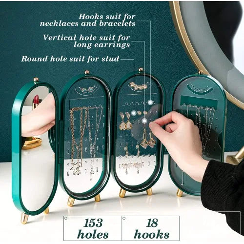 Elegant Folding Screen Jewelry Box with Mirror - Jewelry Organizer for Earrings, Necklaces, Bracelets (Random Color)