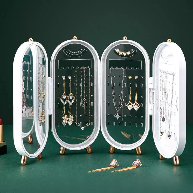 Elegant Folding Screen Jewelry Box with Mirror - Jewelry Organizer for Earrings, Necklaces, Bracelets (Random Color)