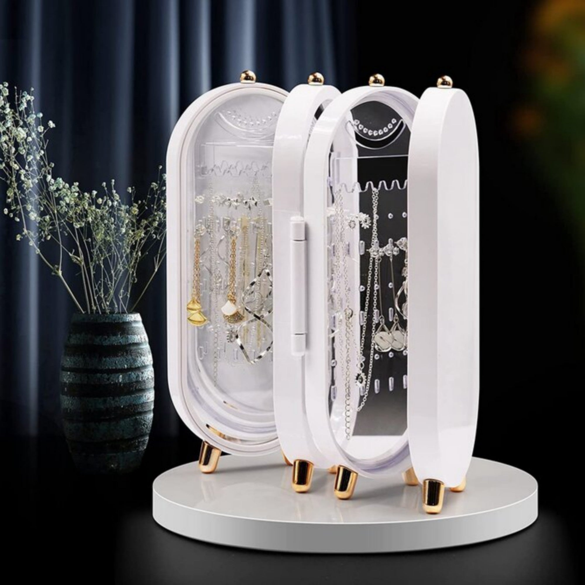 Elegant Folding Screen Jewelry Box with Mirror - Jewelry Organizer for Earrings, Necklaces, Bracelets (Random Color)