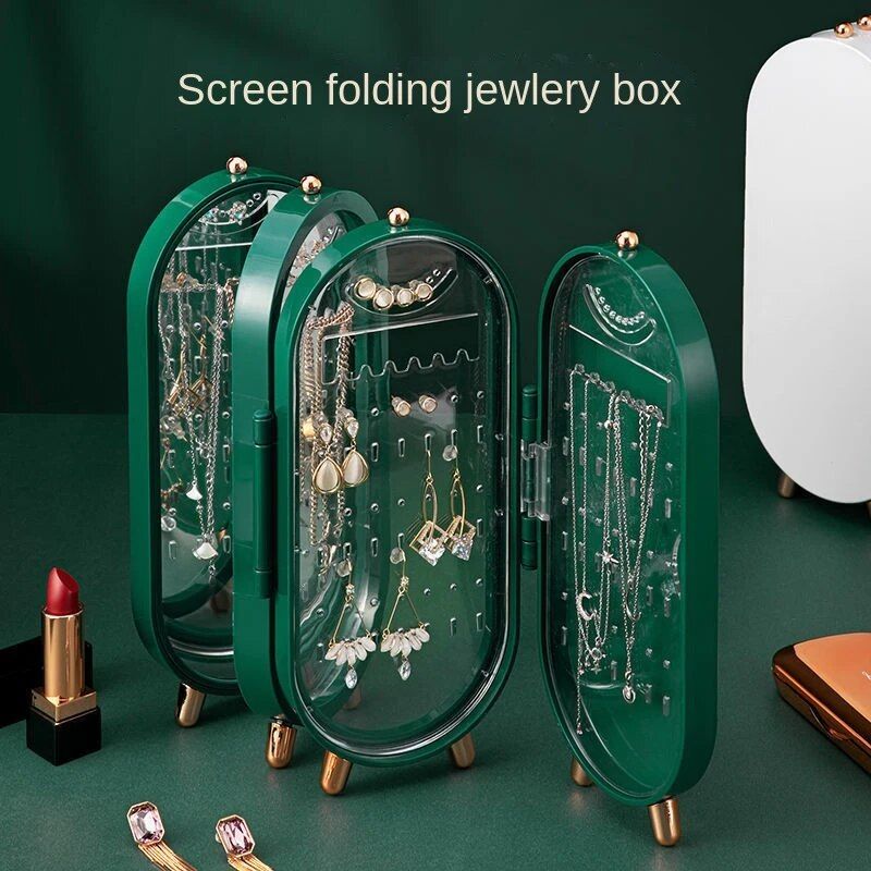 Elegant Folding Screen Jewelry Box with Mirror - Jewelry Organizer for Earrings, Necklaces, Bracelets (Random Color)